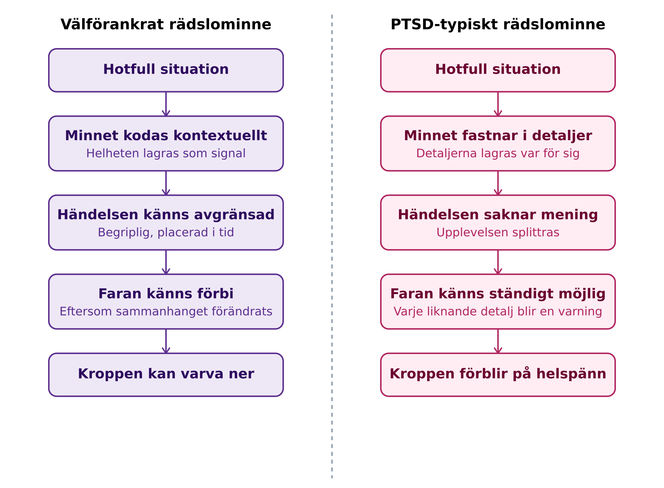 Diagram över välförankrat rädslominne jämfört med PTSD-typiskt rädslominne